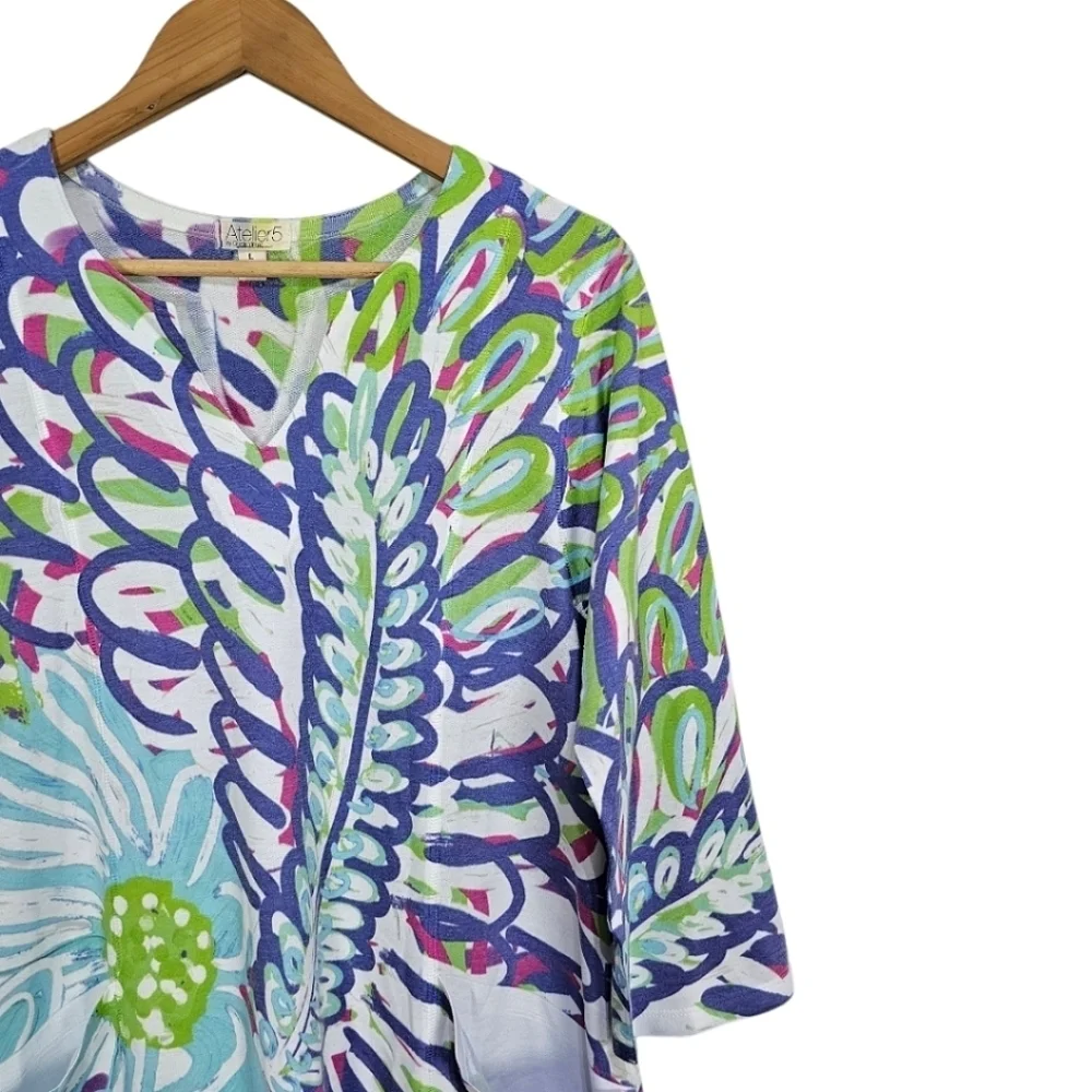 Atelier 5 By Gozde Yilmaz Colorful Floral Shift Dress Sz Large Blue Unique Basic